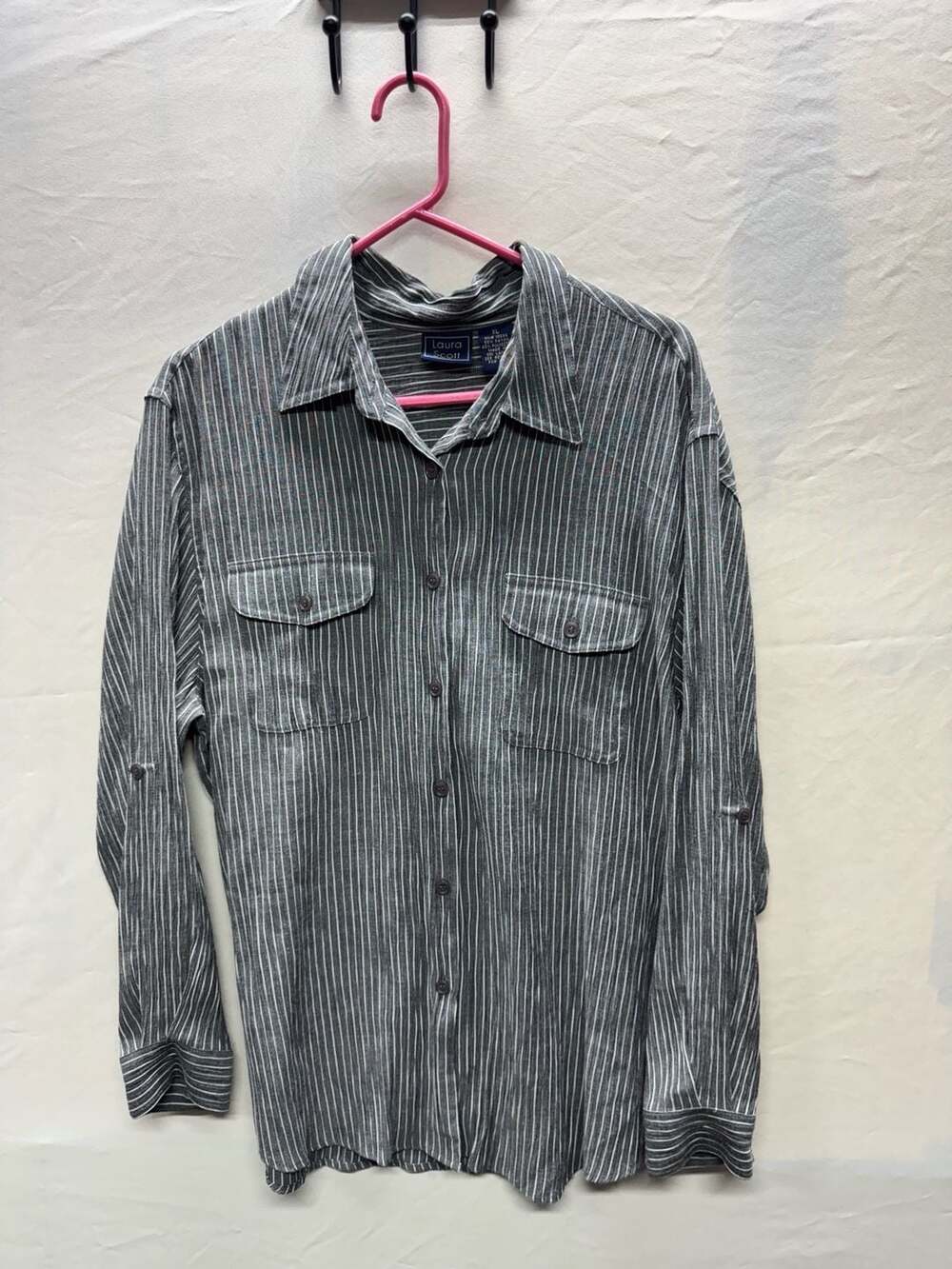 Laura Scott Button-Up Shirt Size XL Gray Striped Long Sleeve